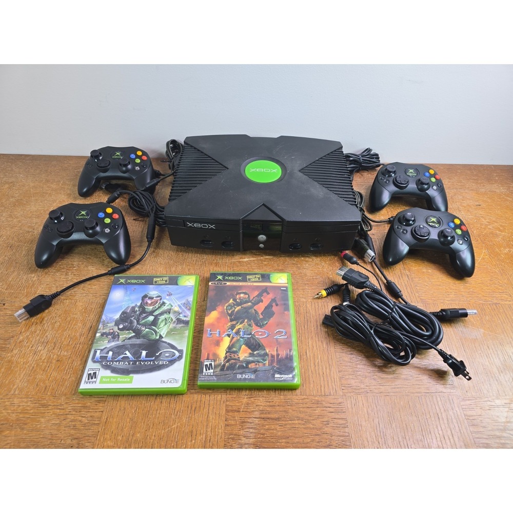 Original Xbox Console Bundle w/ 4 OEM Controllers & Cables & Halo 1&2 - Tested